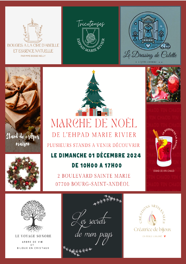 Nous avons le plaisir de vous inviter à notre Marché de Noël organisé par nos talentueuses tricoteuses 🎅🧶. Rendez-vous le Dimanche 1er décembre de 10h à 17h pour une journée festive et chaleureuse ! ❤️

🎁 Au programme :
👉 Bougies à la cire d'abeille
👉 Bijoux en perles colorées et arbres de vie
👉 Délices sucrés et gourmands : miel, confitures, vin local...
👉 Décorations de Noël pour embellir votre intérieur 🎄
👉 Et pour les gourmands : stand de crêpes, vin chaud et chocolat chaud ! 😋

🌟 Lieu : EHPAD Marie RIVIER : 2 boulevard Sainte Marie, 07700 BOURG SAINT ANDEOL 

Un moment à partager entre amis, familles et voisins.

Partagez ce post sans modération et venez nombreux pour soutenir nos exposants et partager l’esprit de Noël 🎅🎁🎶. On vous attend avec impatience ! ✨
